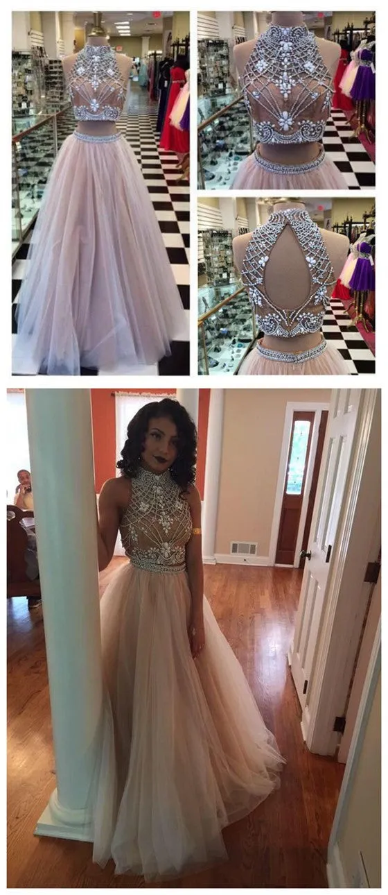2 Piece High Neck Open Back Online Long Prom Dresses, BG51225