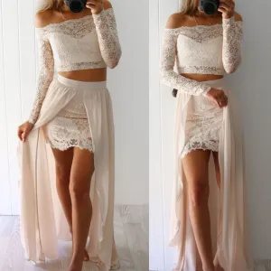 2 Pieces Long Sleeves Lace Cheap Long Beach Prom Dresses, BG51544
