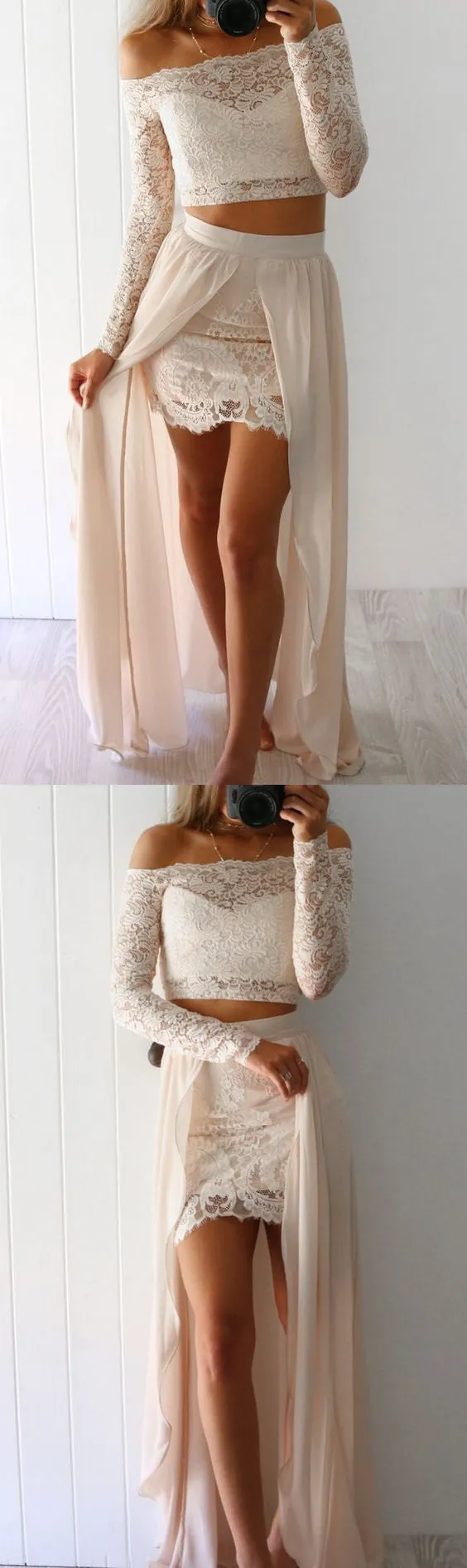 2 Pieces Long Sleeves Lace Cheap Long Beach Prom Dresses, BG51544