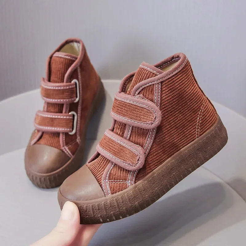 2021 Fashion Hook&Loop Soft Corduroy Kids Sneakers School Casual All-match Children Girl Shoes High Top Autumn Boys Boots E08051