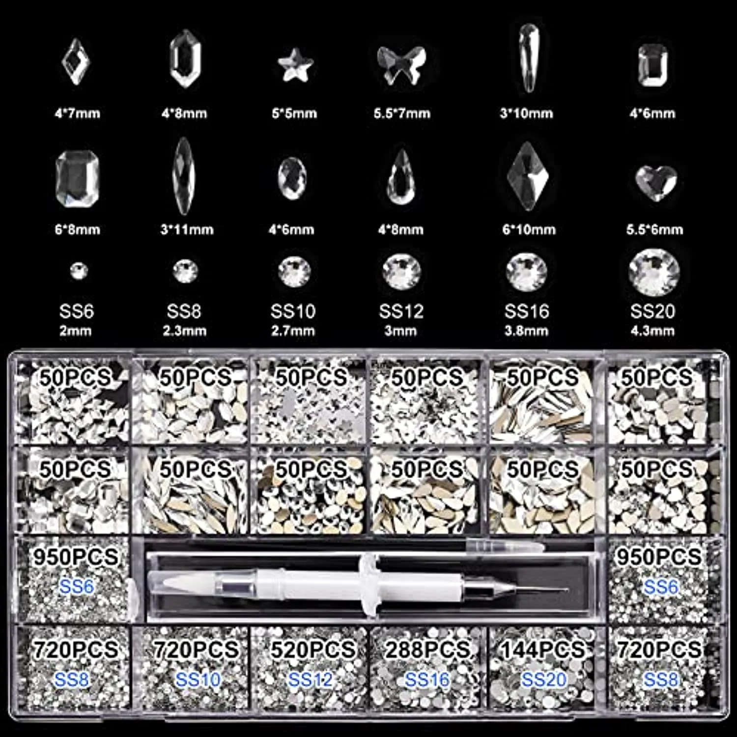 5612Pcs White Crystal Nail Rhinestones Set, Multi-Shape 3D Diamond Glass Crystal Flat Bottom, for Nail Art DIY Crafts Phones Clothes Jewelry Bag Decoration, Professional Drill Pen and Tweezers