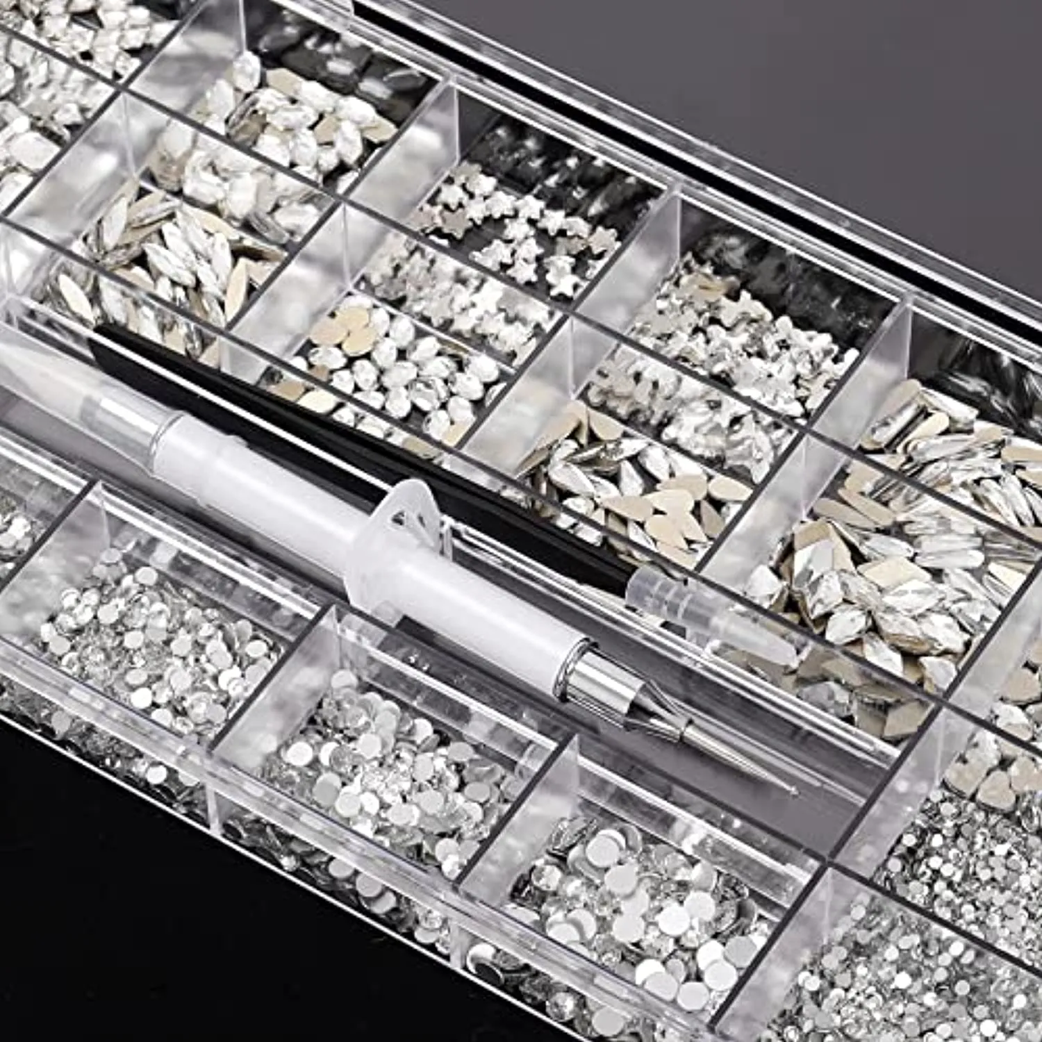 5612Pcs White Crystal Nail Rhinestones Set, Multi-Shape 3D Diamond Glass Crystal Flat Bottom, for Nail Art DIY Crafts Phones Clothes Jewelry Bag Decoration, Professional Drill Pen and Tweezers