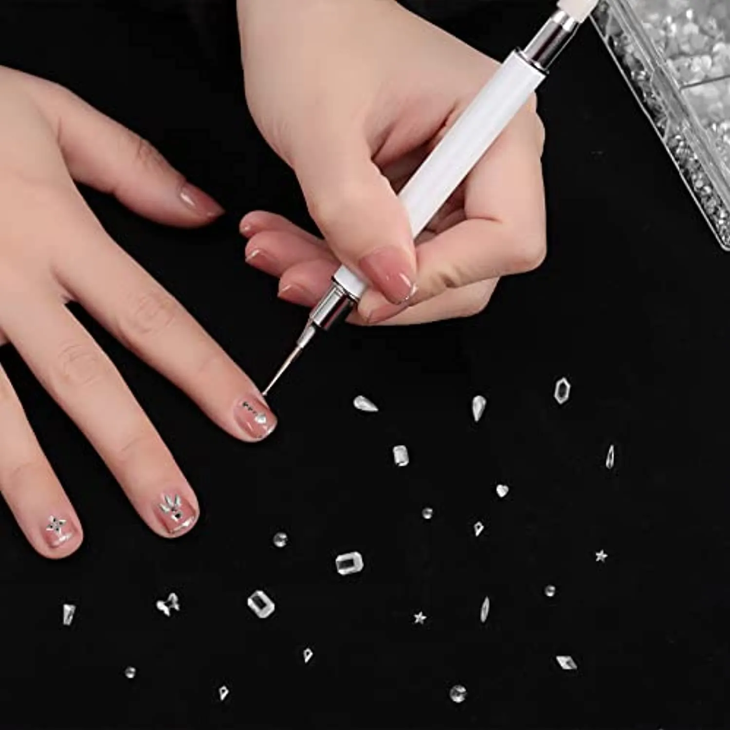5612Pcs White Crystal Nail Rhinestones Set, Multi-Shape 3D Diamond Glass Crystal Flat Bottom, for Nail Art DIY Crafts Phones Clothes Jewelry Bag Decoration, Professional Drill Pen and Tweezers