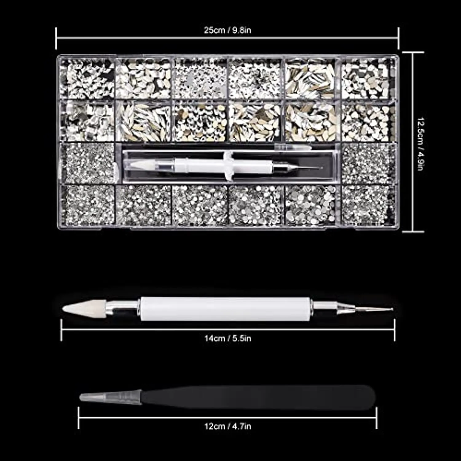5612Pcs White Crystal Nail Rhinestones Set, Multi-Shape 3D Diamond Glass Crystal Flat Bottom, for Nail Art DIY Crafts Phones Clothes Jewelry Bag Decoration, Professional Drill Pen and Tweezers