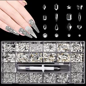 5612Pcs White Crystal Nail Rhinestones Set, Multi-Shape 3D Diamond Glass Crystal Flat Bottom, for Nail Art DIY Crafts Phones Clothes Jewelry Bag Decoration, Professional Drill Pen and Tweezers