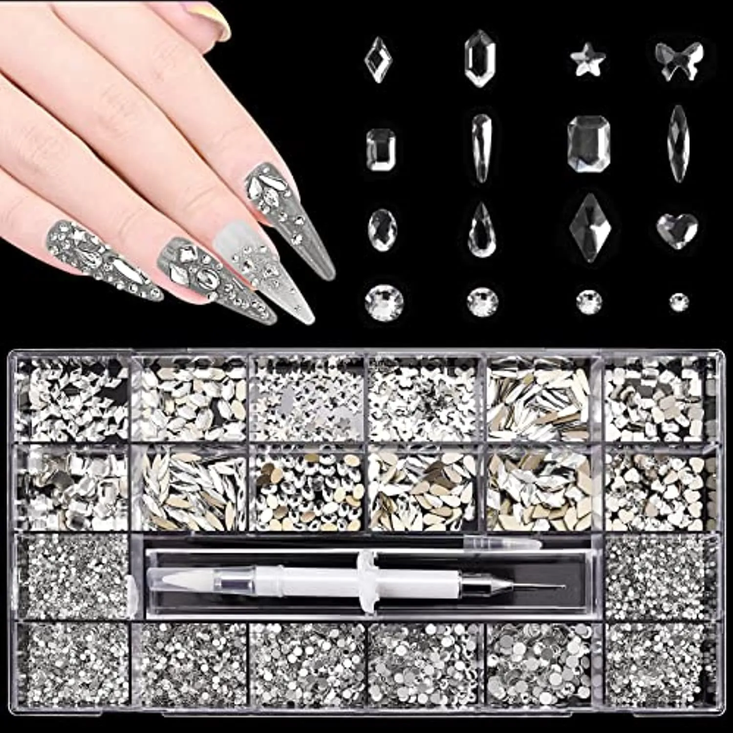5612Pcs White Crystal Nail Rhinestones Set, Multi-Shape 3D Diamond Glass Crystal Flat Bottom, for Nail Art DIY Crafts Phones Clothes Jewelry Bag Decoration, Professional Drill Pen and Tweezers