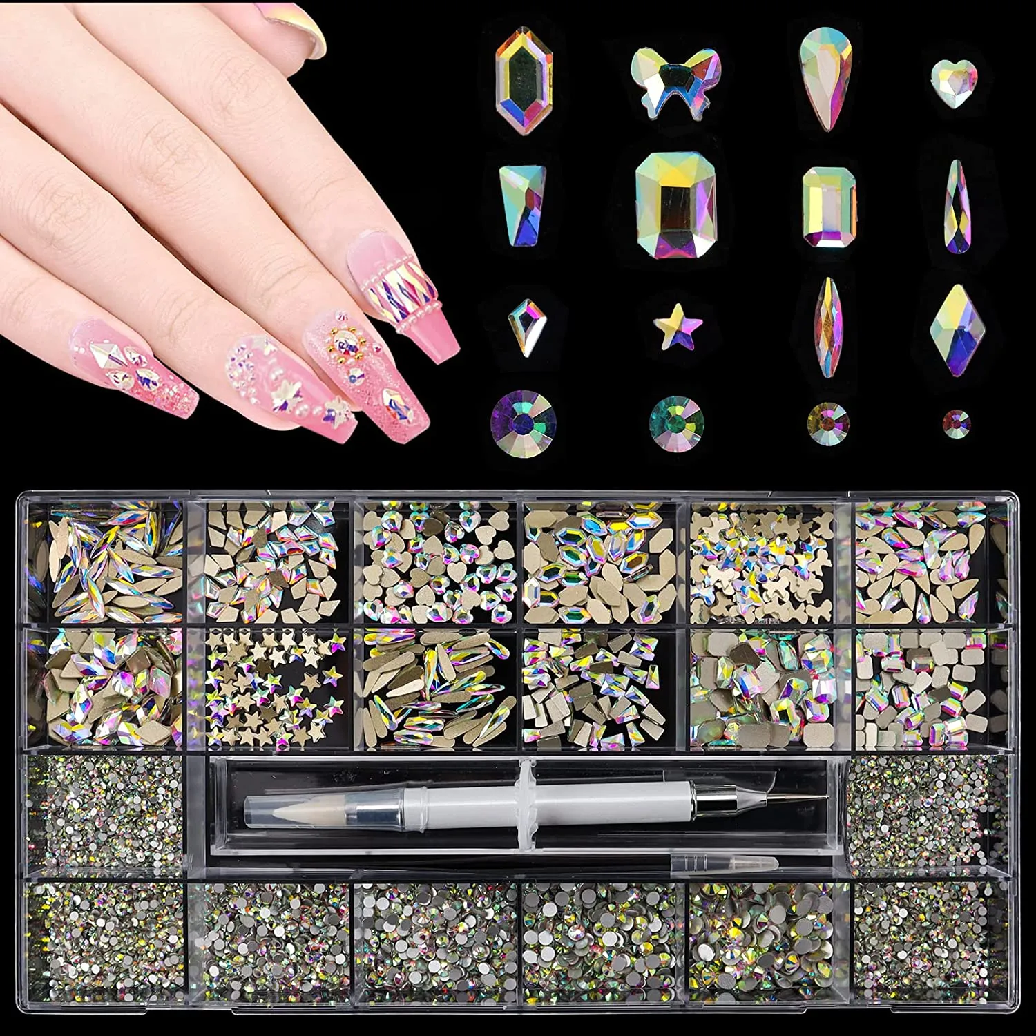 5612Pcs White Crystal Nail Rhinestones Set, Multi-Shape 3D Diamond Glass Crystal Flat Bottom, for Nail Art DIY Crafts Phones Clothes Jewelry Bag Decoration, Professional Drill Pen and Tweezers