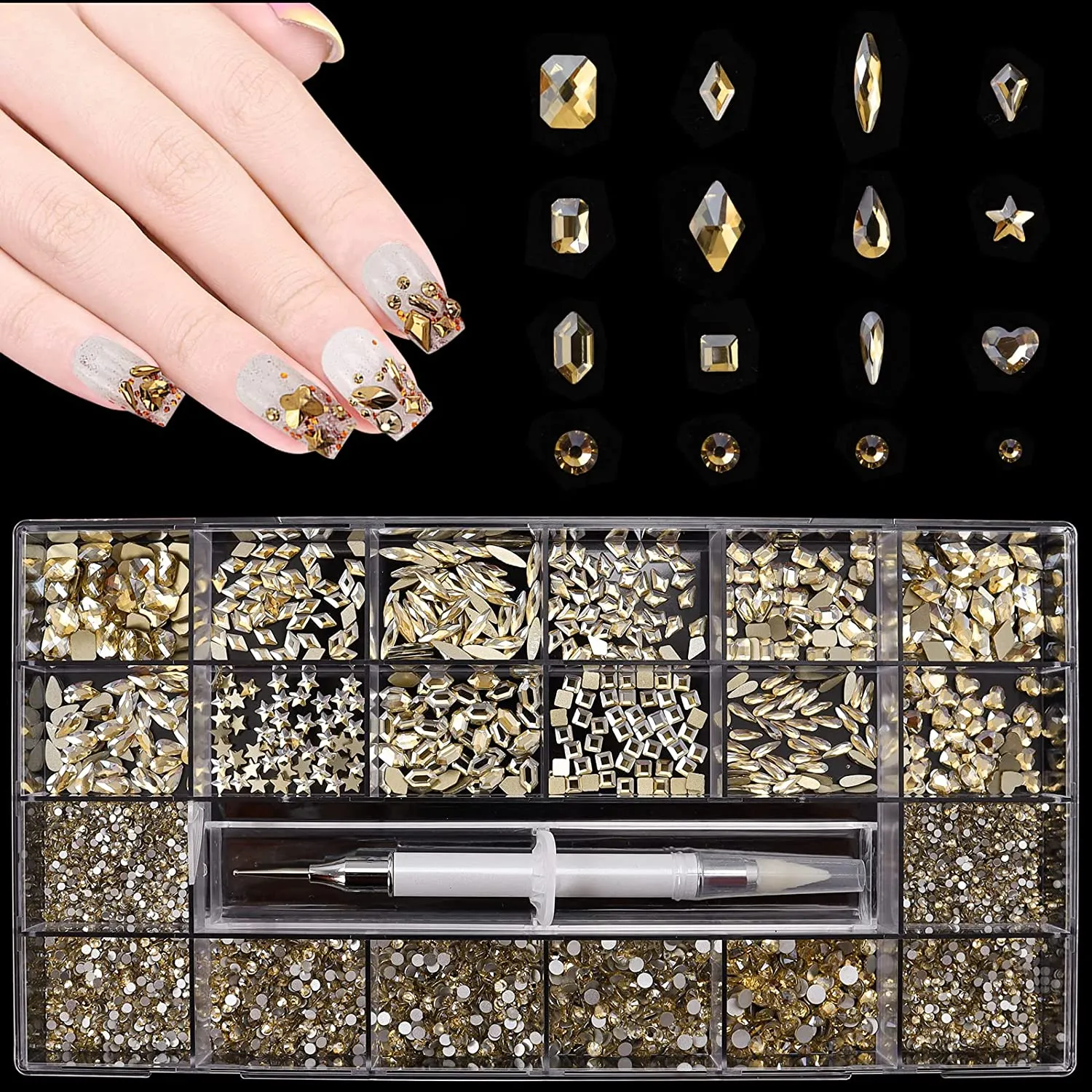 5612Pcs White Crystal Nail Rhinestones Set, Multi-Shape 3D Diamond Glass Crystal Flat Bottom, for Nail Art DIY Crafts Phones Clothes Jewelry Bag Decoration, Professional Drill Pen and Tweezers