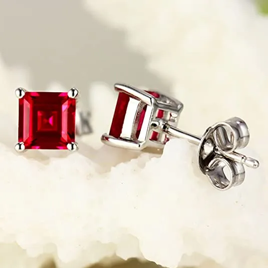 925 Sterling Silver Ruby Stud Earrings Red