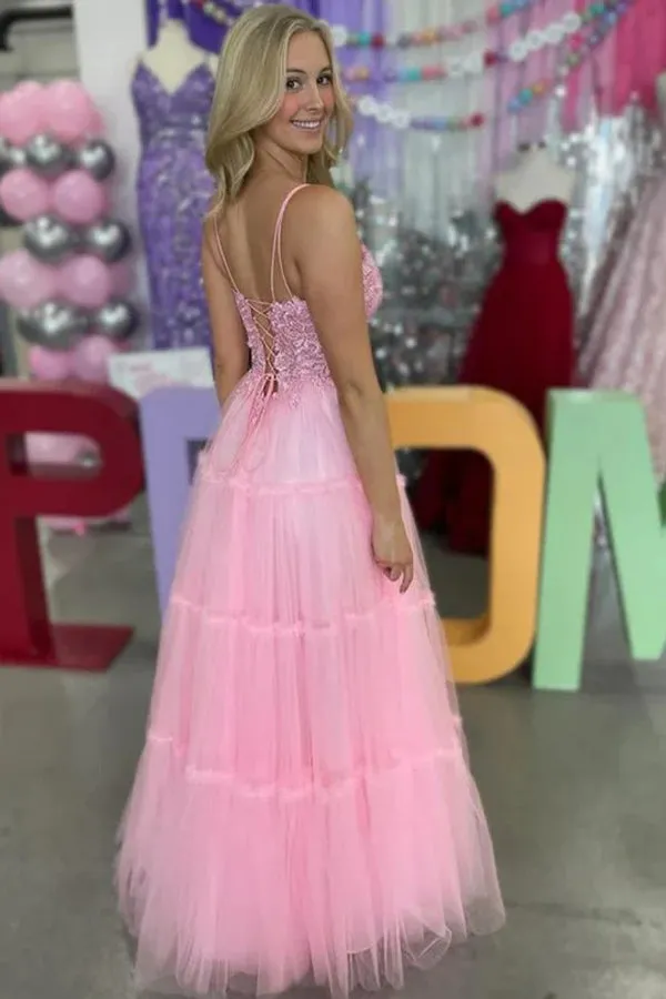 A-Line Spaghetti Straps V-Neck Appliques Tulle Pink Prom Dress TP1388