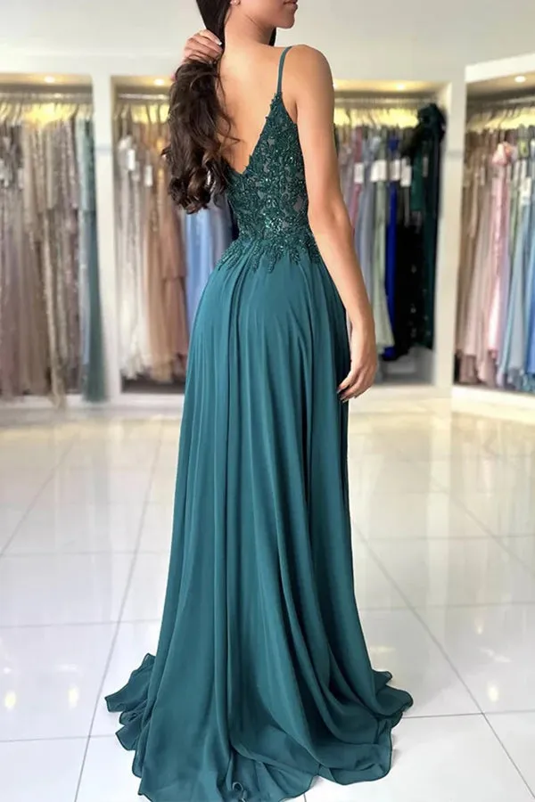 A Line V Neck Dark Green Lace Prom Dress Formal Gown TP1412