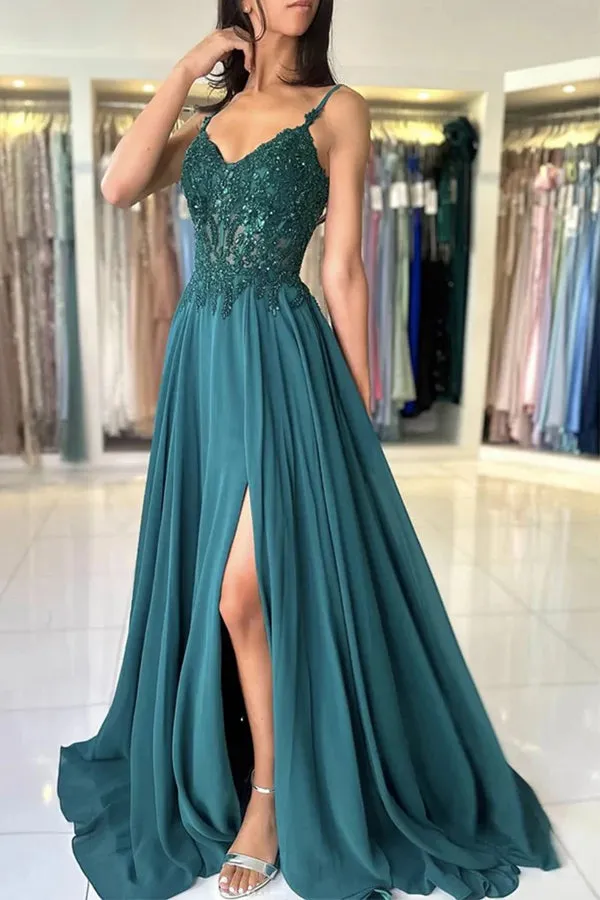 A Line V Neck Dark Green Lace Prom Dress Formal Gown TP1412