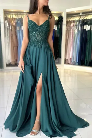 A Line V Neck Dark Green Lace Prom Dress Formal Gown TP1412