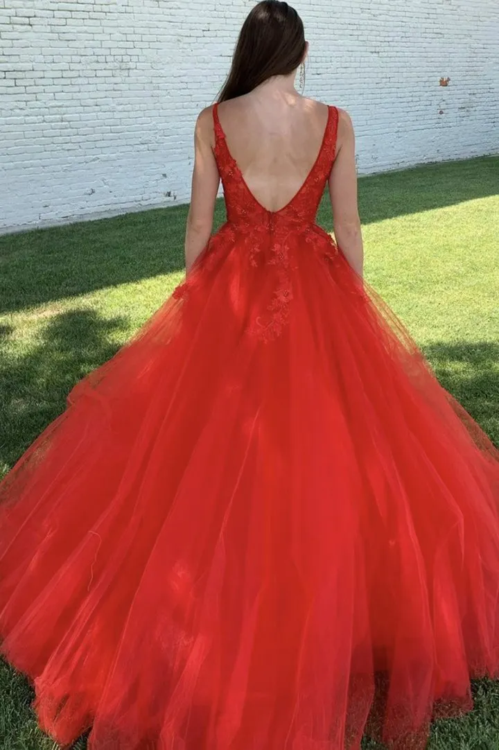 A-Line V-Neck Red Tulle Long Prom Dress With Lace, Evening Dress CMS211101