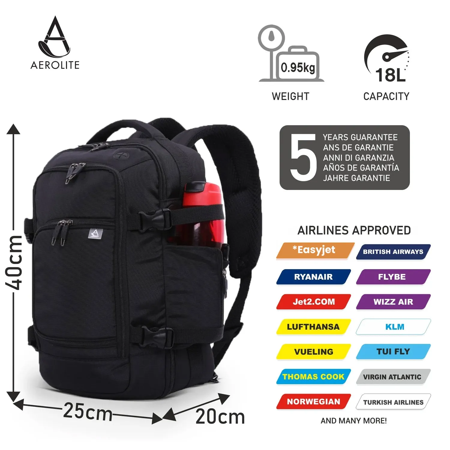 Aerolite (40x20x25cm) 3 in 1 Cabin Luggage Approved Flight Backpack, New and Improved 2024 Ryanair Maximum Size with YKK Zippers, Black