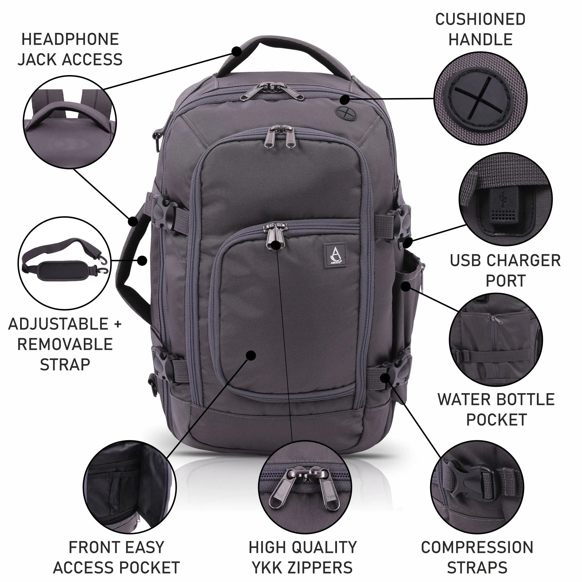 Aerolite (40x20x25cm) 3 in 1 Cabin Luggage Approved Flight Backpack, New and Improved 2024 Ryanair Maximum Size with YKK Zippers, Black