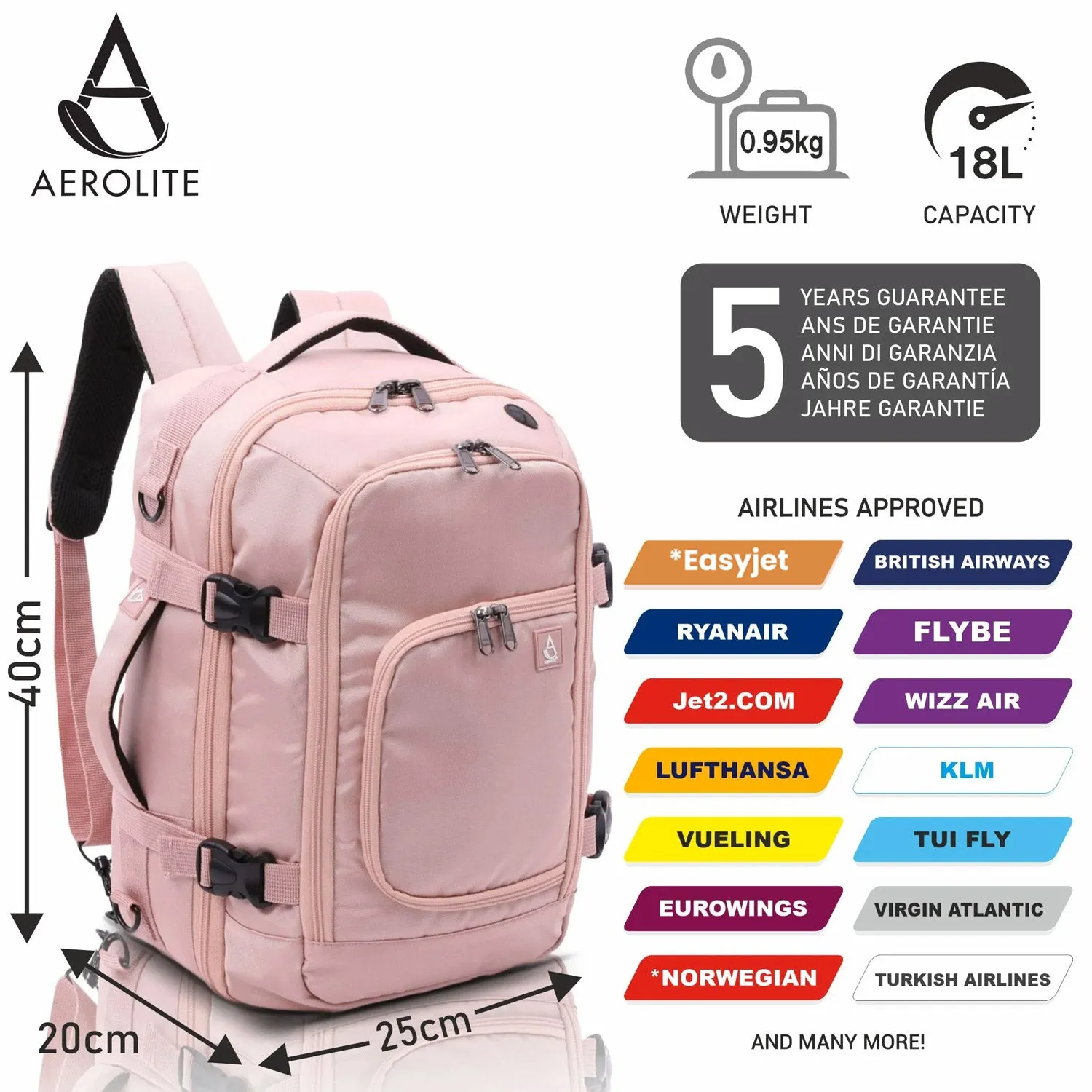 Aerolite (40x20x25cm) 3 in 1 Cabin Luggage Approved Flight Backpack, New and Improved 2024 Ryanair Maximum Size with YKK Zippers, Black