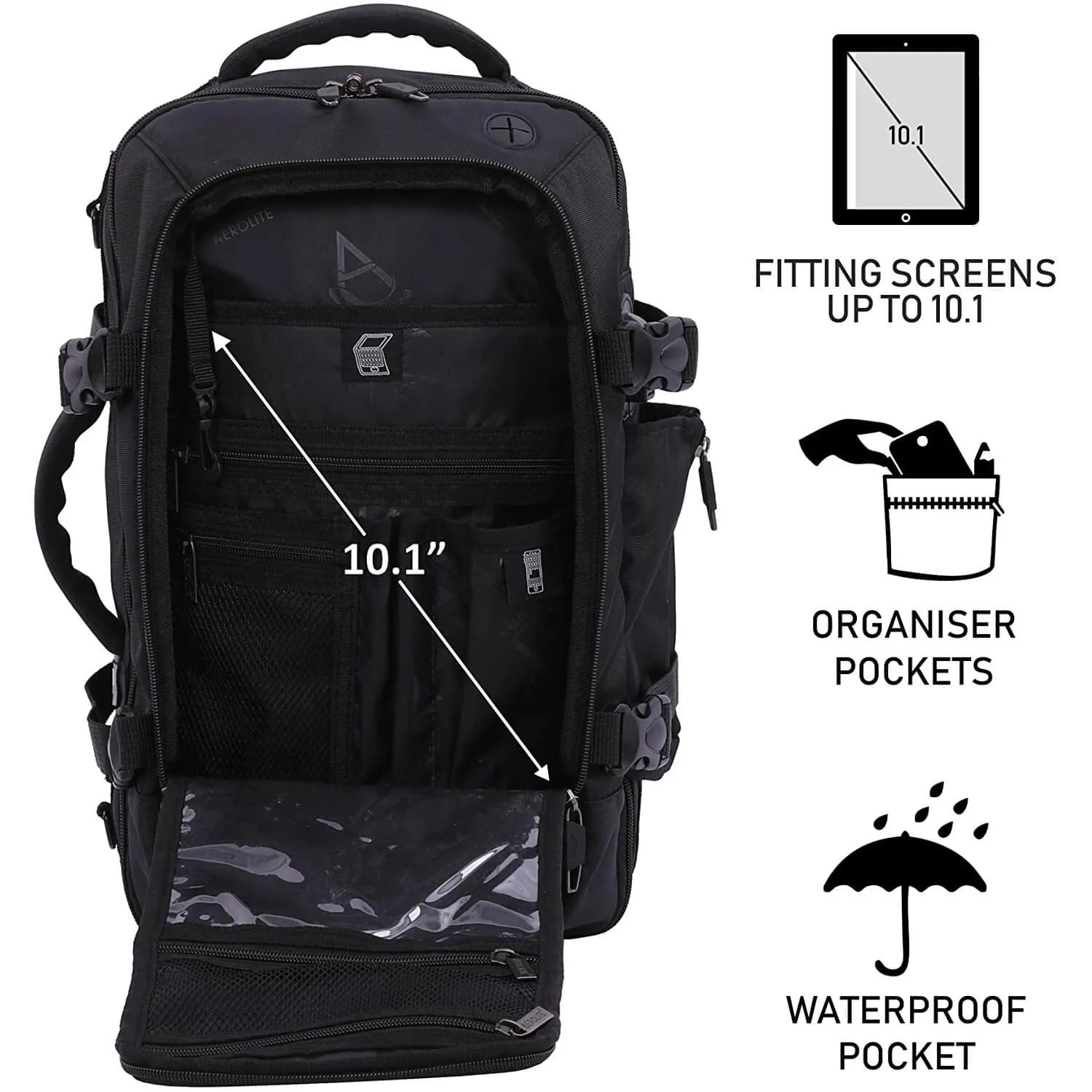 Aerolite (40x20x25cm) 3 in 1 Cabin Luggage Approved Flight Backpack, New and Improved 2024 Ryanair Maximum Size with YKK Zippers, Black