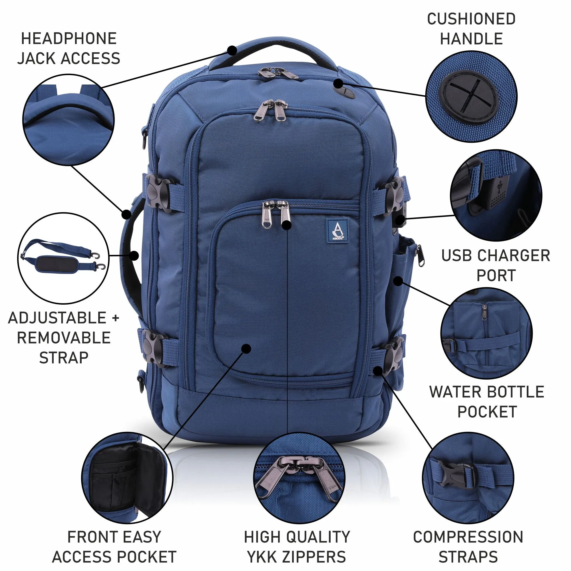 Aerolite (40x20x25cm) 3 in 1 Cabin Luggage Approved Flight Backpack, New and Improved 2024 Ryanair Maximum Size with YKK Zippers, Black