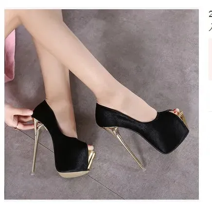 Aneikeh Flocked Peep Toe Super High Skinny Heels
