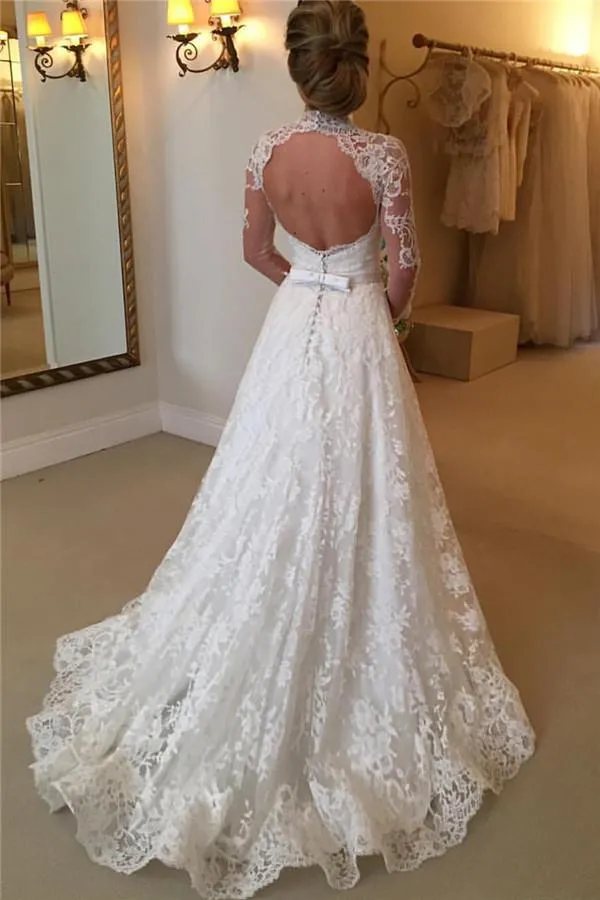 Anneprom Elegant Lace A-Line Long Sleeve High Neck Wedding Dresses APW0039