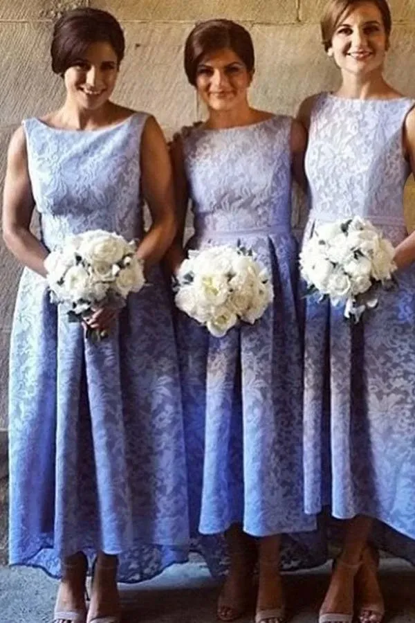 Anneprom High Low Bateau Sleeveless Light Sky Blue Lace Bridesmaid Dress APB0082