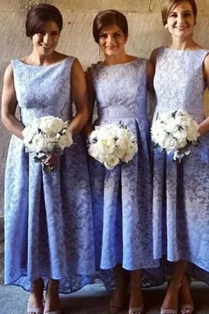 Anneprom High Low Bateau Sleeveless Light Sky Blue Lace Bridesmaid Dress APB0082