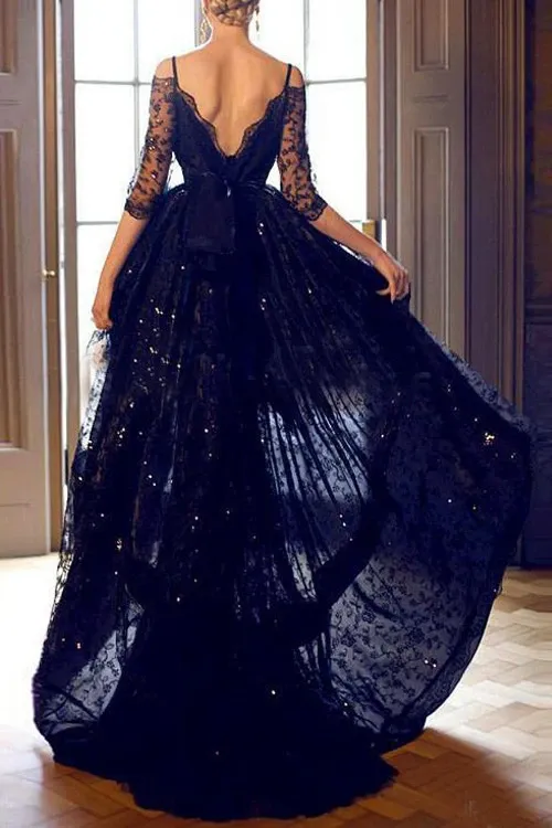 Anneprom High-Low Half Sleeves Lace Prom Dresses Evening Gowns With Straps APP0066
