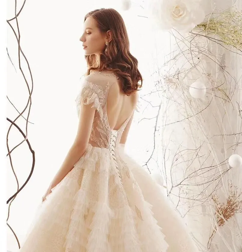 Anneprom Princess High Neck Ball Gown Wedding Dresses, Short Sleeves Bridal Dress APW0148