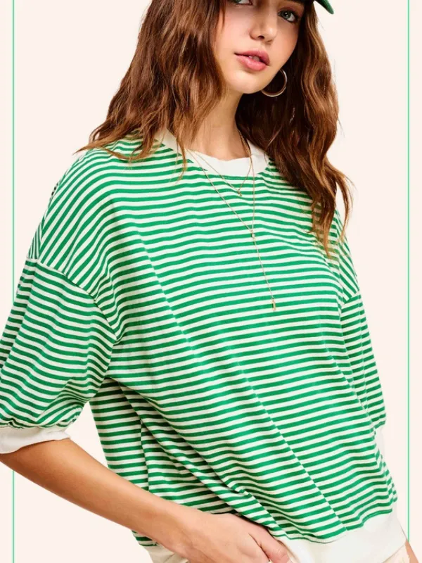 Apple Green Striped Crew Neck Top