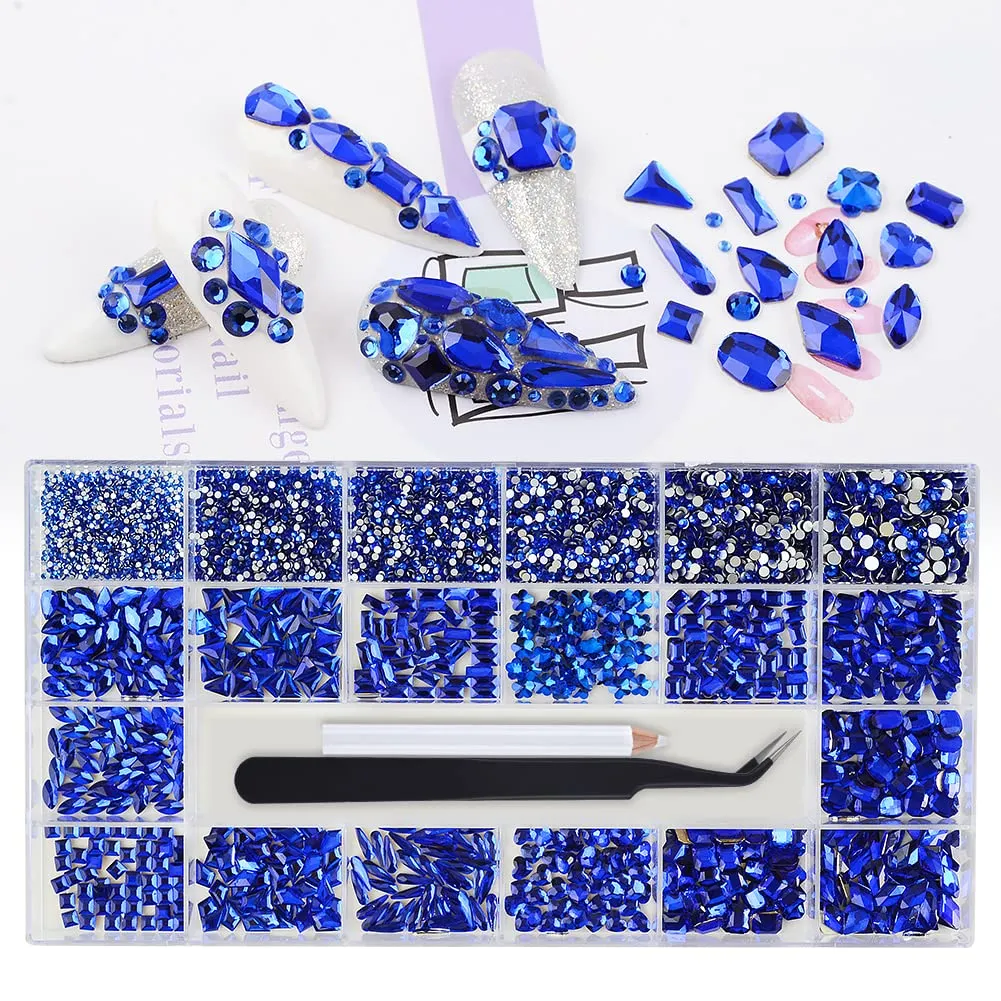 BAIYIYI Nail Rhinestones Kit - 8620Pcs/Box Multi Shapes Rhinestones Glass Crystal Diamond Flatback Professional Nail Art Decorations DIY Nail Art Craft with Rhinestones Picker,Dark Blue