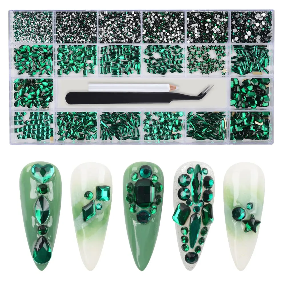 BAIYIYI Nail Rhinestones Kit - 8620Pcs/Box Multi Shapes Rhinestones Glass Crystal Diamond Flatback Professional Nail Art Decorations DIY Nail Art Craft with Rhinestones Picker,Dark Blue
