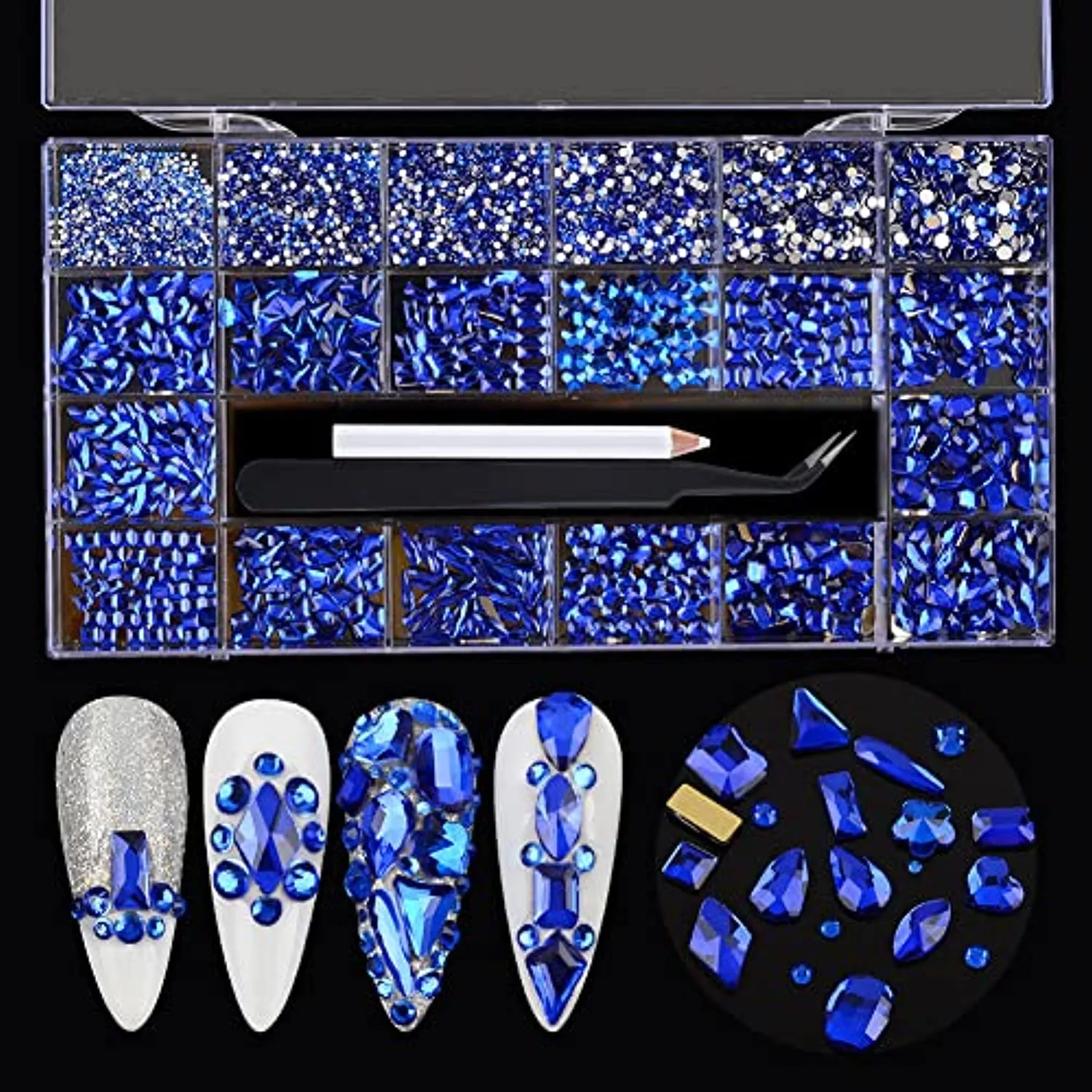 BAIYIYI Nail Rhinestones Kit - 8620Pcs/Box Multi Shapes Rhinestones Glass Crystal Diamond Flatback Professional Nail Art Decorations DIY Nail Art Craft with Rhinestones Picker,Dark Blue