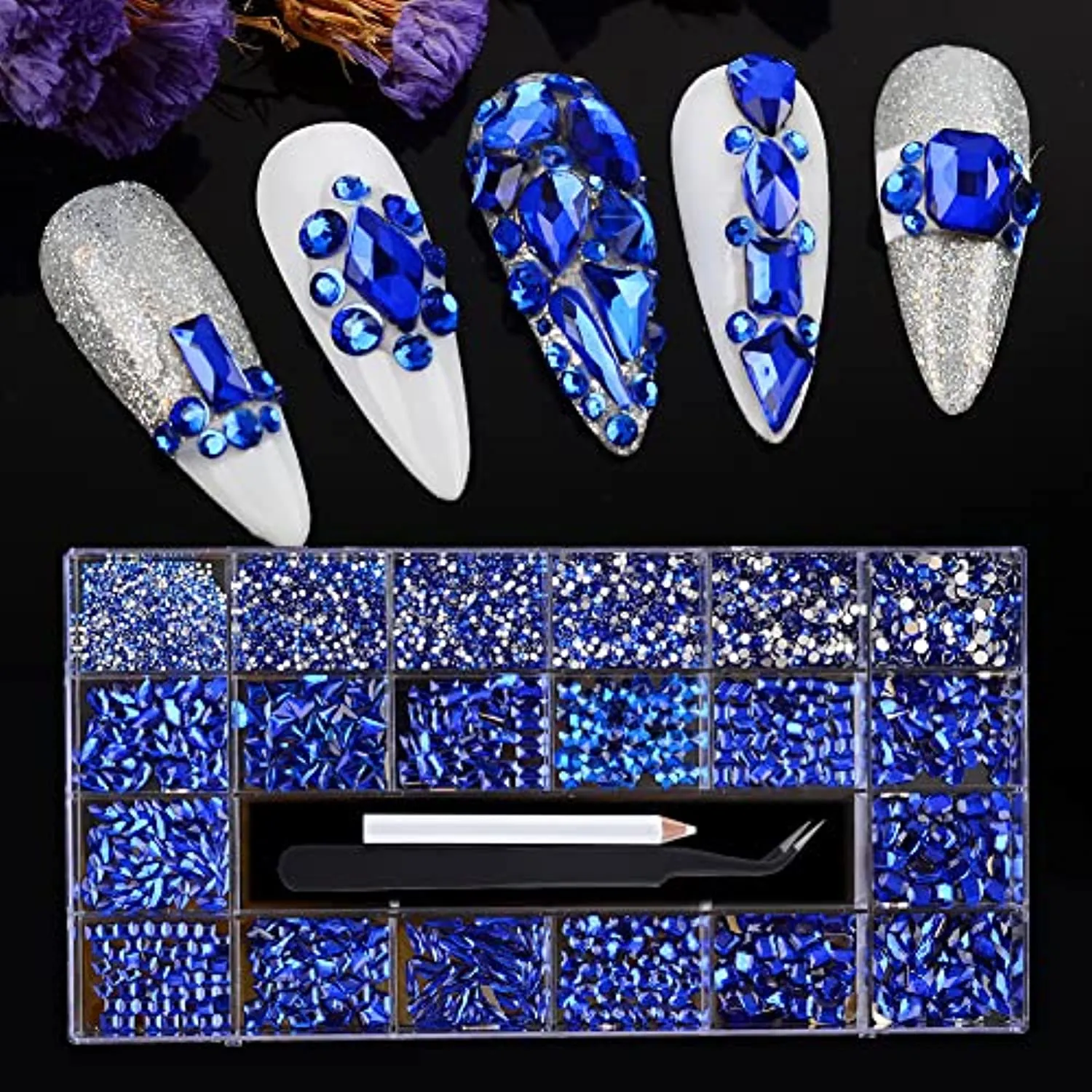 BAIYIYI Nail Rhinestones Kit - 8620Pcs/Box Multi Shapes Rhinestones Glass Crystal Diamond Flatback Professional Nail Art Decorations DIY Nail Art Craft with Rhinestones Picker,Dark Blue