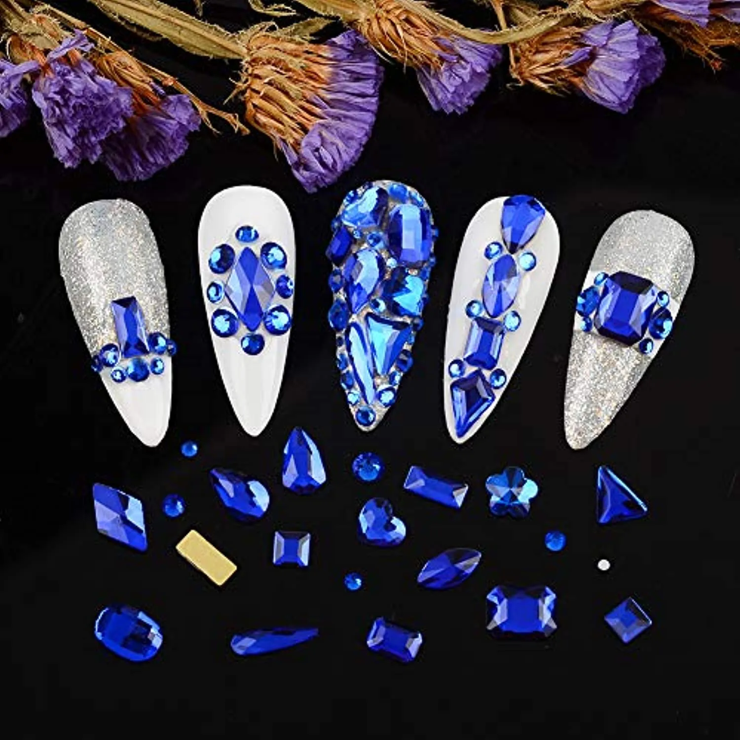 BAIYIYI Nail Rhinestones Kit - 8620Pcs/Box Multi Shapes Rhinestones Glass Crystal Diamond Flatback Professional Nail Art Decorations DIY Nail Art Craft with Rhinestones Picker,Dark Blue