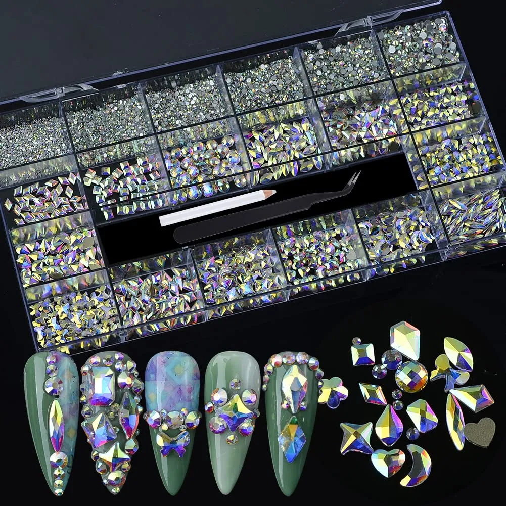 BAIYIYI Nail Rhinestones Kit - 8620Pcs/Box Multi Shapes Rhinestones Glass Crystal Diamond Flatback Professional Nail Art Decorations DIY Nail Art Craft with Rhinestones Picker,Dark Blue