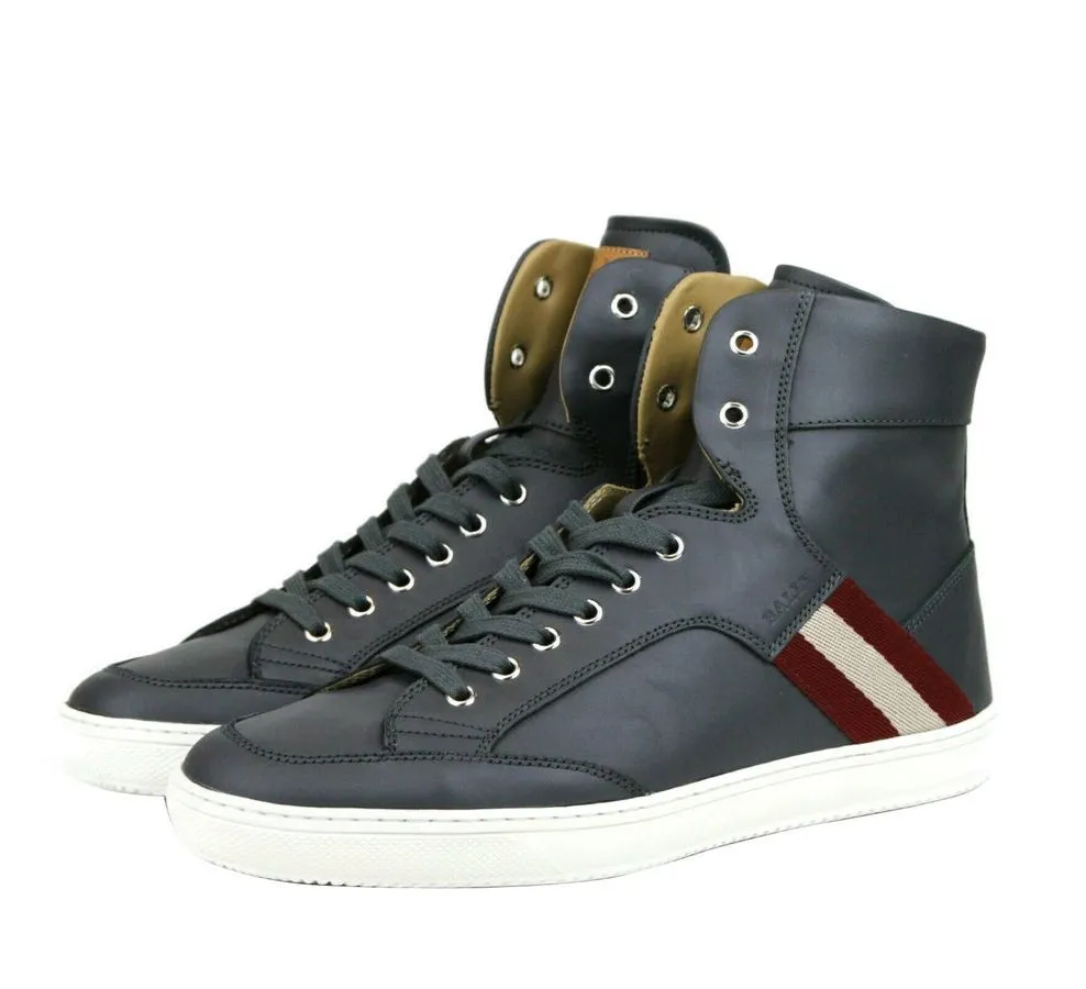 Bally Dark Grey Calf Leather Hi Top Sneaker With Red Beige
