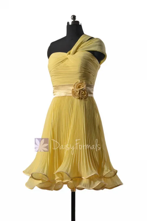 Banana Pleated Chiffon Bridesmaid Dress One-Shoulder Bridal Party Dress w/Straps(BM334RE)