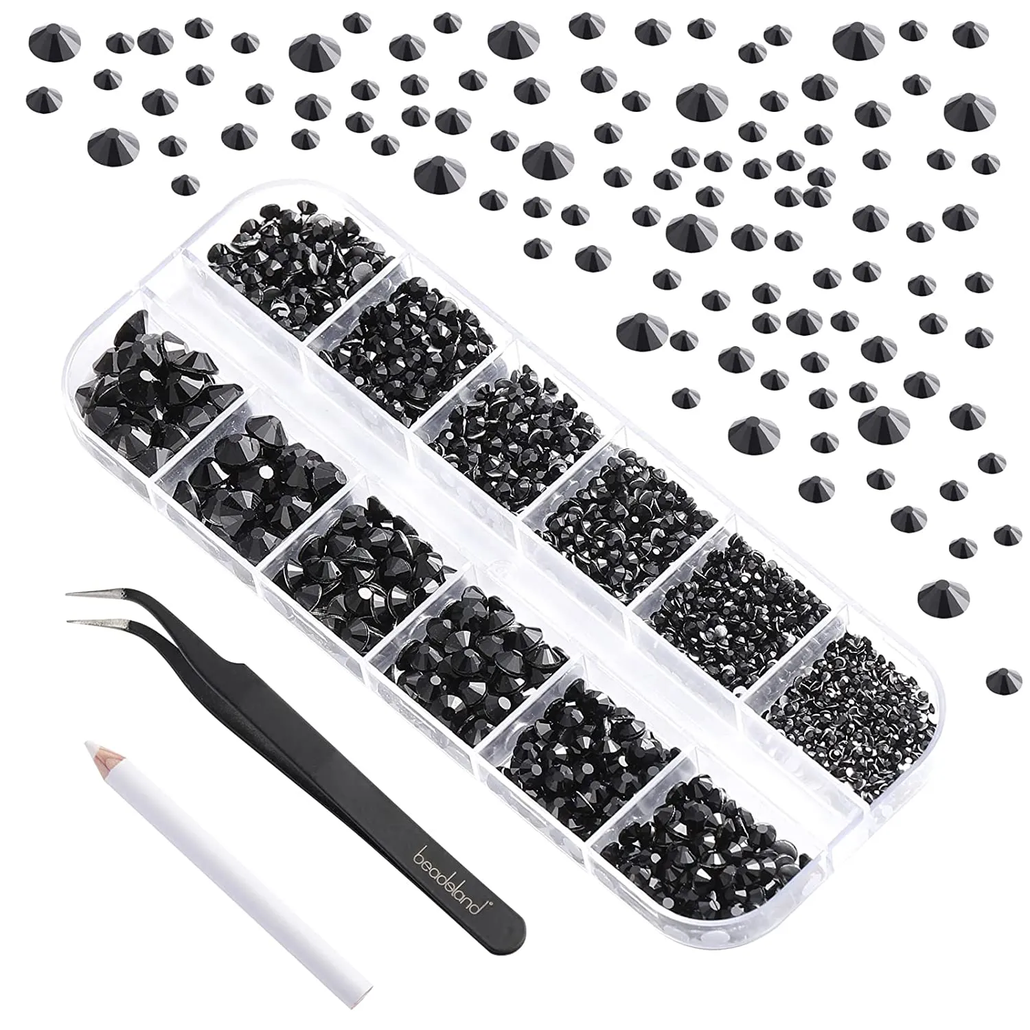 Beadsland 2500pcs Nailart Flatback Rhinestones Crystal Flatback Gems Round Crystal Rhinestones for Crafts Mixed 8 Sizes SS4~SS30 with Picking Tweezer and Pen (Clear)