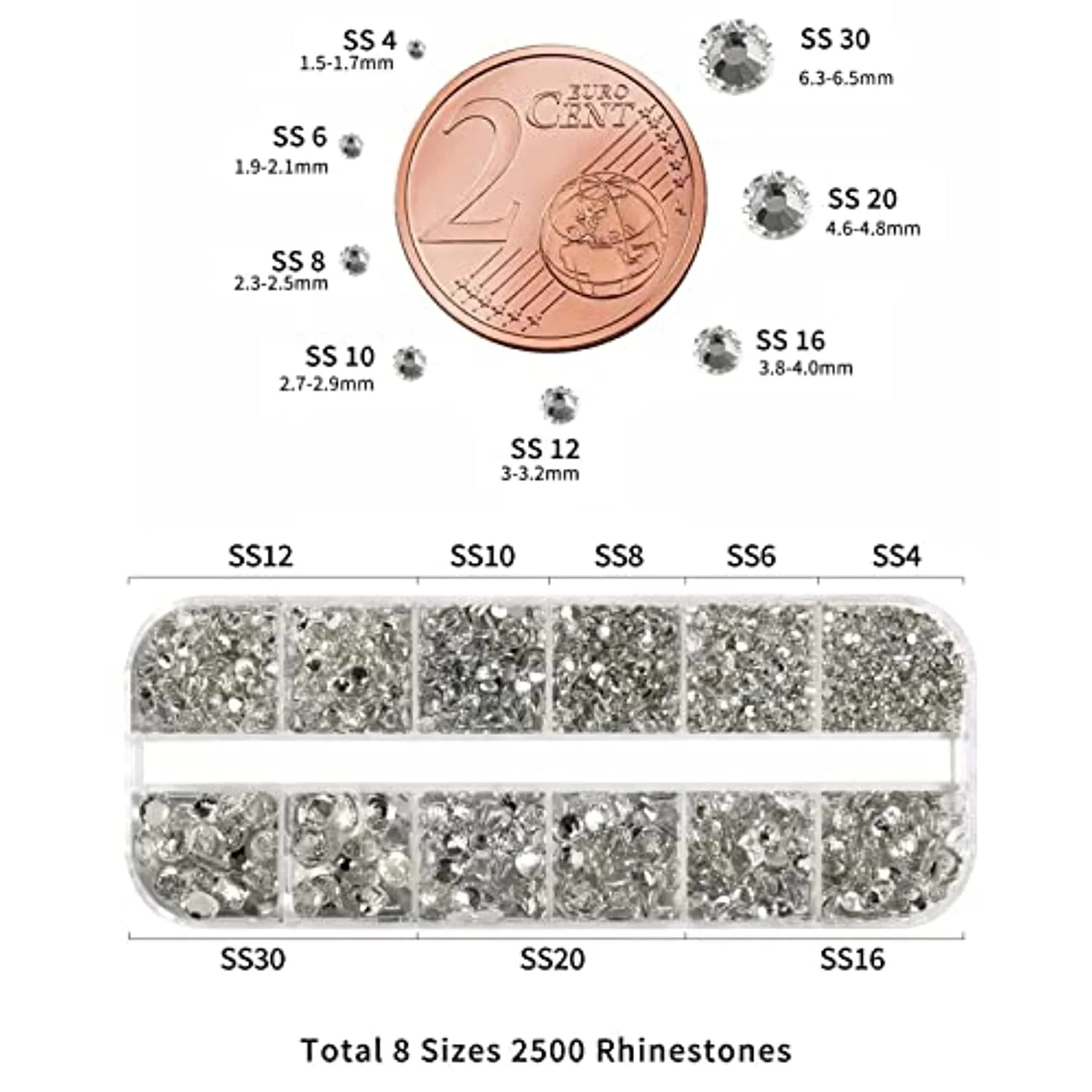 Beadsland 2500pcs Nailart Flatback Rhinestones Crystal Flatback Gems Round Crystal Rhinestones for Crafts Mixed 8 Sizes SS4~SS30 with Picking Tweezer and Pen (Clear)