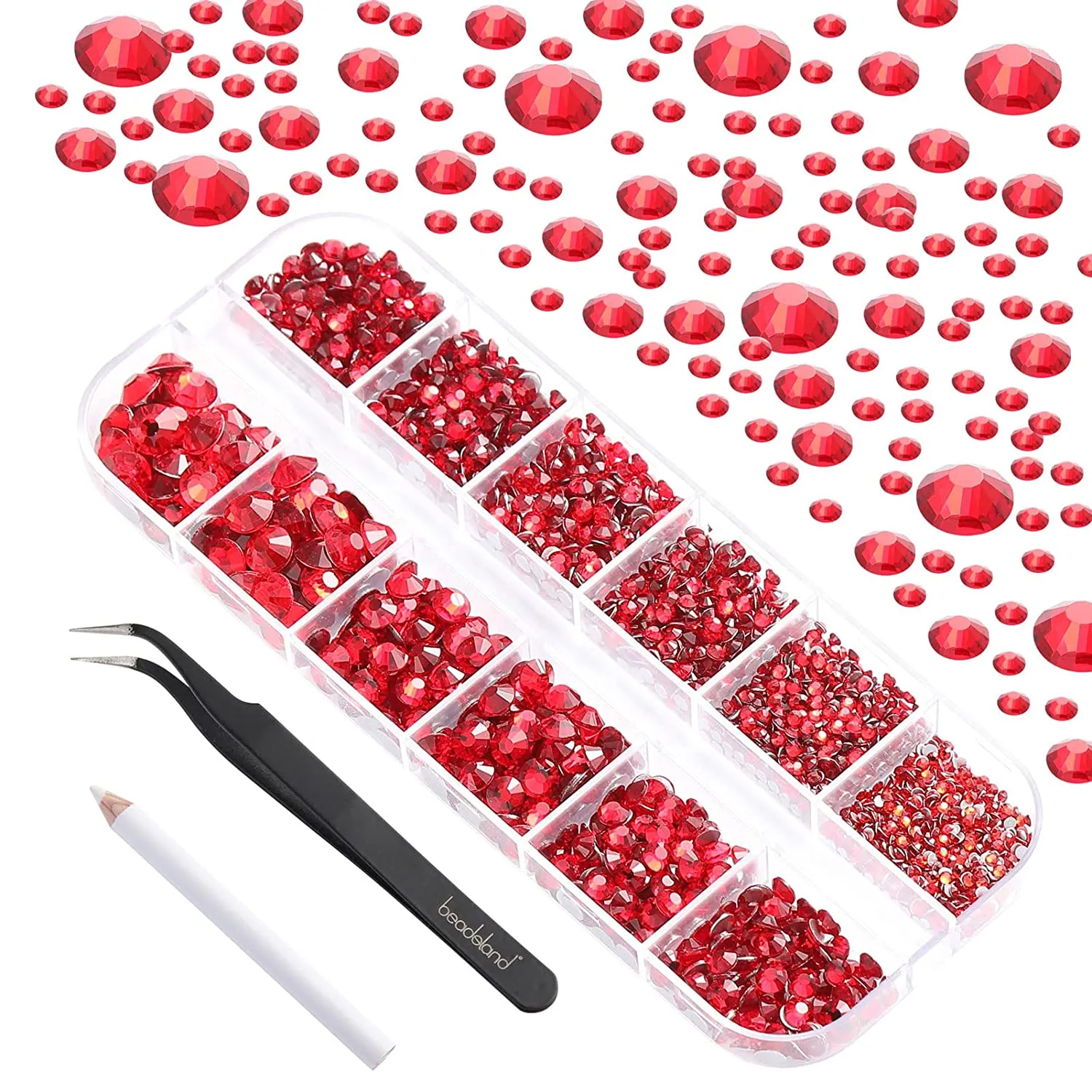 Beadsland 2500pcs Nailart Flatback Rhinestones Crystal Flatback Gems Round Crystal Rhinestones for Crafts Mixed 8 Sizes SS4~SS30 with Picking Tweezer and Pen (Clear)