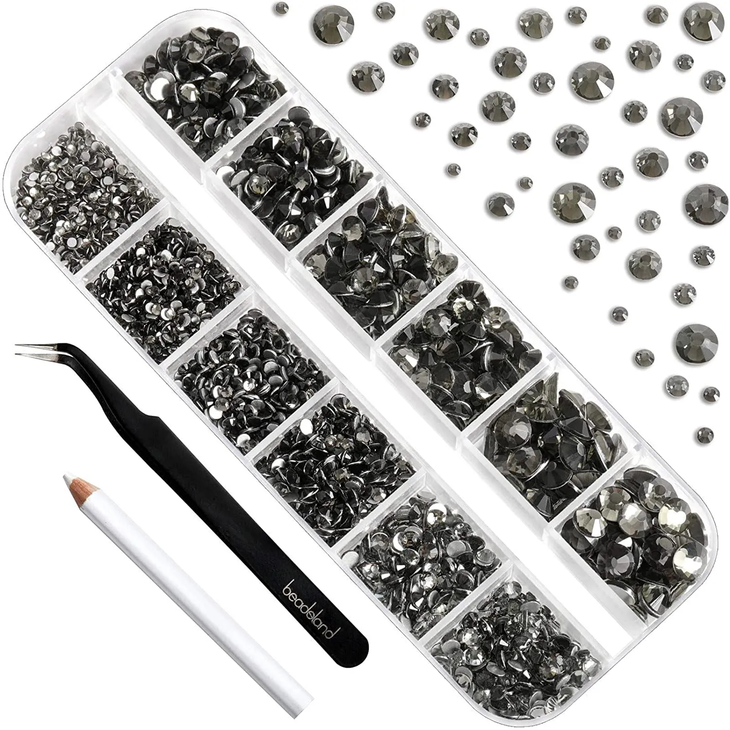 Beadsland 2500pcs Nailart Flatback Rhinestones Crystal Flatback Gems Round Crystal Rhinestones for Crafts Mixed 8 Sizes SS4~SS30 with Picking Tweezer and Pen (Clear)