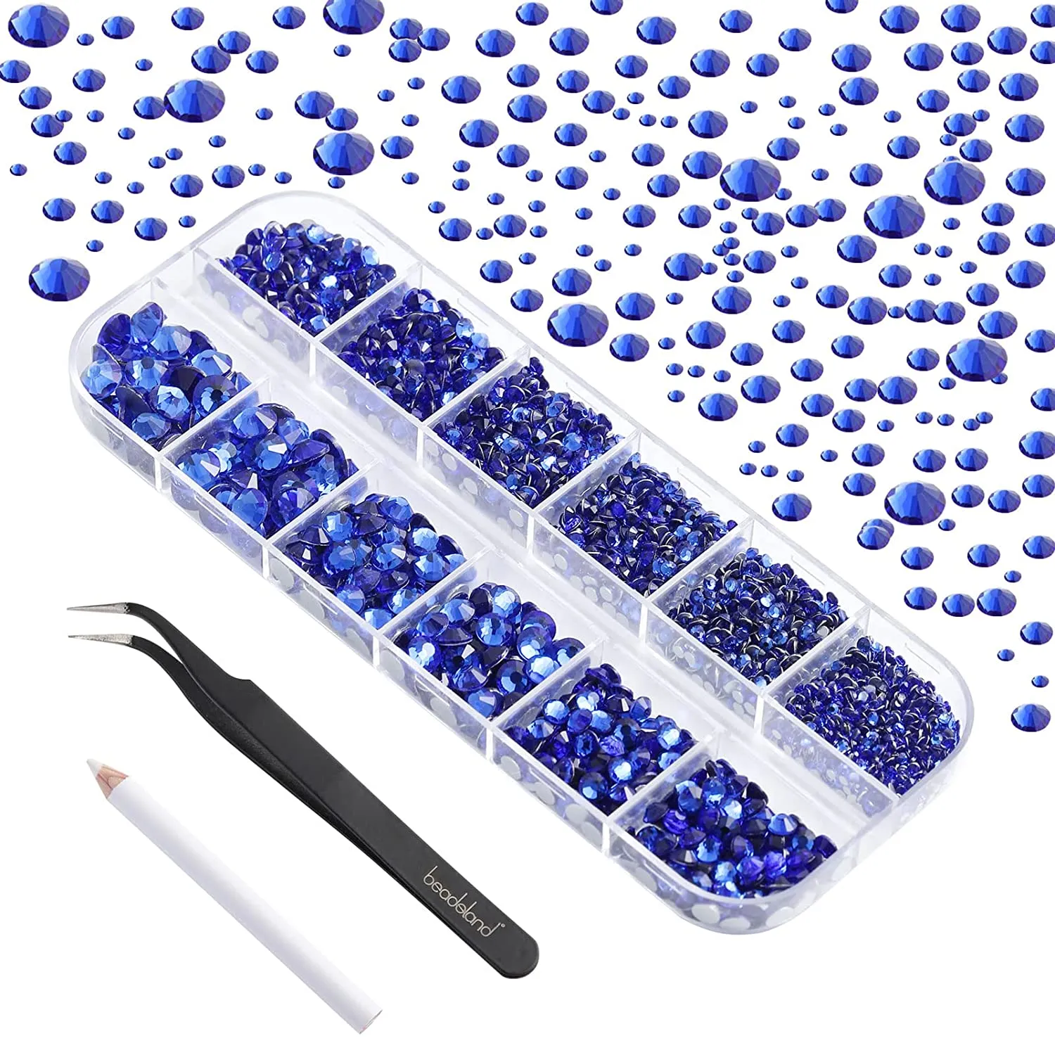 Beadsland 2500pcs Nailart Flatback Rhinestones Crystal Flatback Gems Round Crystal Rhinestones for Crafts Mixed 8 Sizes SS4~SS30 with Picking Tweezer and Pen (Clear)