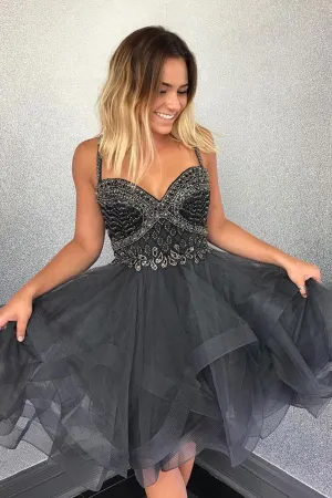Beautiful Dark Grey Tulle Beaded Shinny Spaghetti Strap Top Homecoming Dresses, MH197