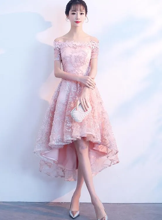 Beautiful Pink High Low Lace Cute Party Dress, Homecoming Dress
