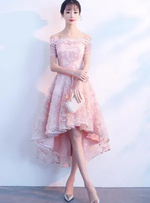 Beautiful Pink High Low Lace Cute Party Dress, Homecoming Dress