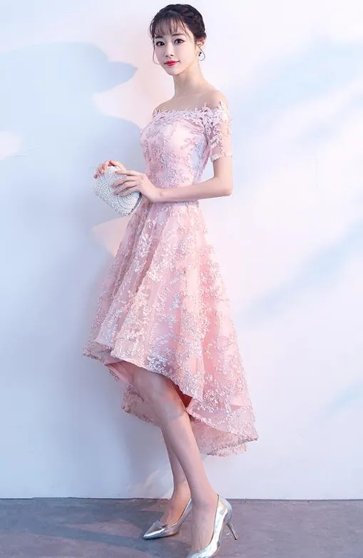 Beautiful Pink High Low Lace Cute Party Dress, Homecoming Dress