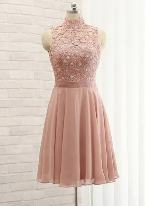 Beautiful Short Chiffon and Lace High Neckline Bridesmaid Dress, Lovely Party Dress