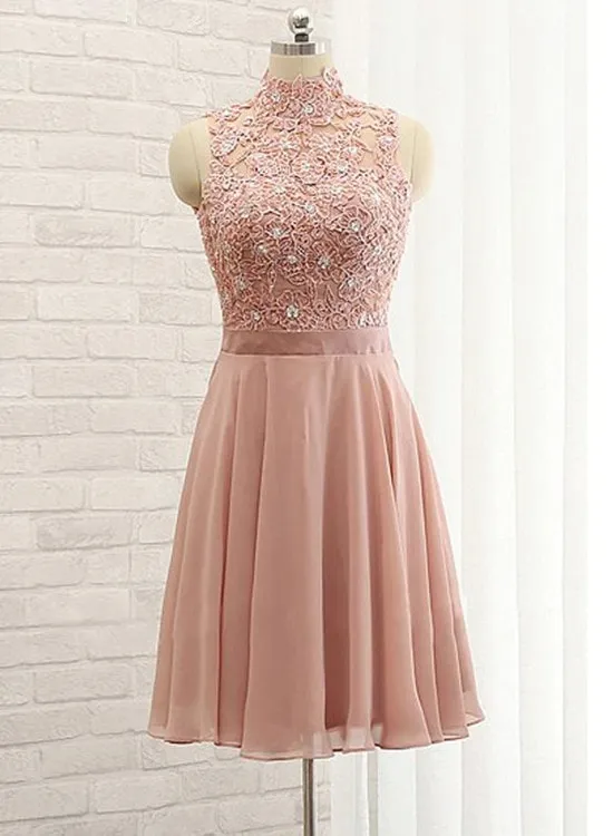 Beautiful Short Chiffon and Lace High Neckline Bridesmaid Dress, Lovely Party Dress