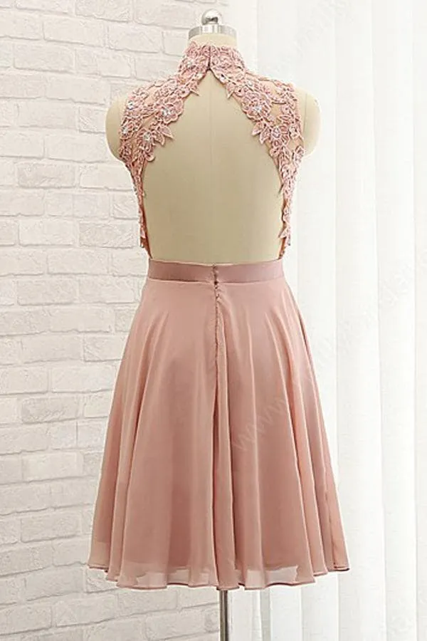 Beautiful Short Chiffon and Lace High Neckline Bridesmaid Dress, Lovely Party Dress